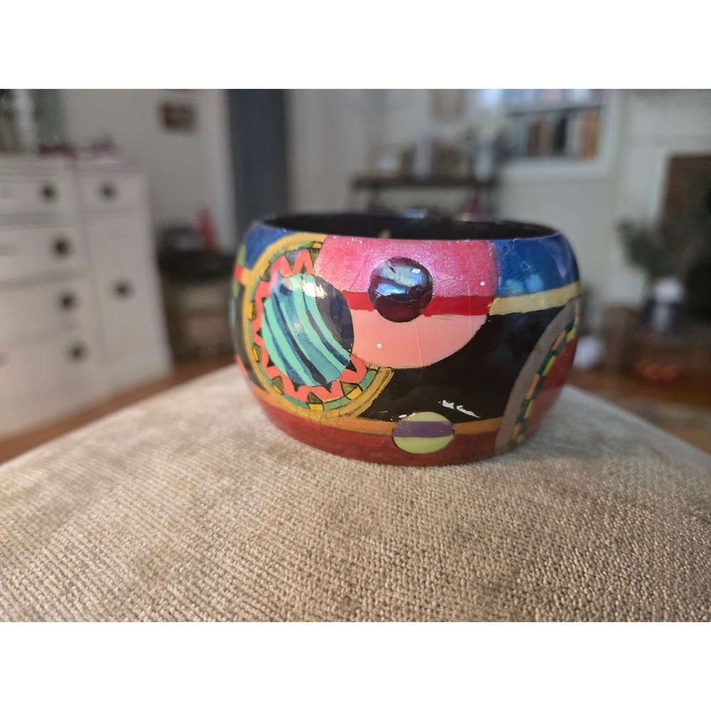 Blanck Colorful Handpainted Wooden  Wide Chunky Bangle Bracelet Artisan Vintage